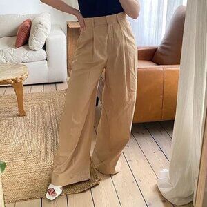 COS Beige Cotton Blend High Waist Pleat Front Wide Straight Leg Trousers Size 8